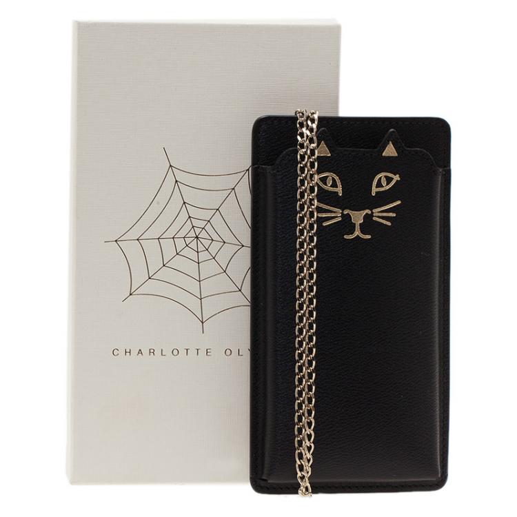 Pre Owned Charlotte Olympia Black Leather Feline iPhone 6 Case with Chain