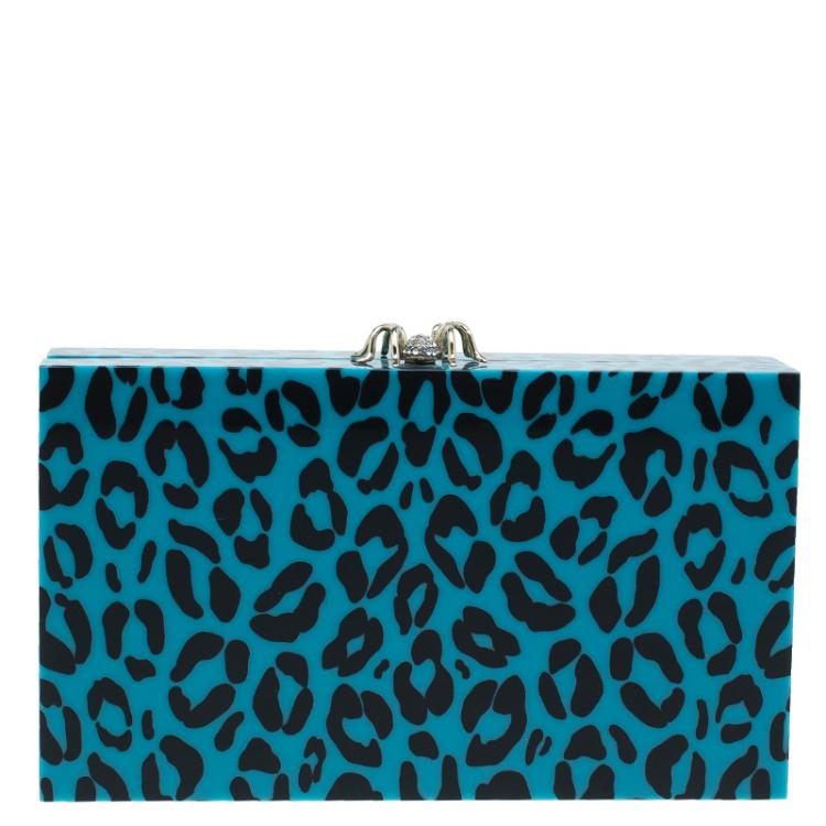 Pre Owned Charlotte Olympia Blue Leopard Print Perspex Spider Pandora Box Clutch