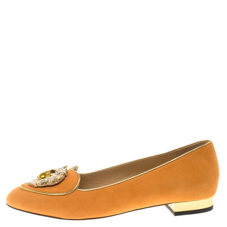 Pre Owned Charlotte Olympia Orange Suede Leo Smoking Slippers Size 39