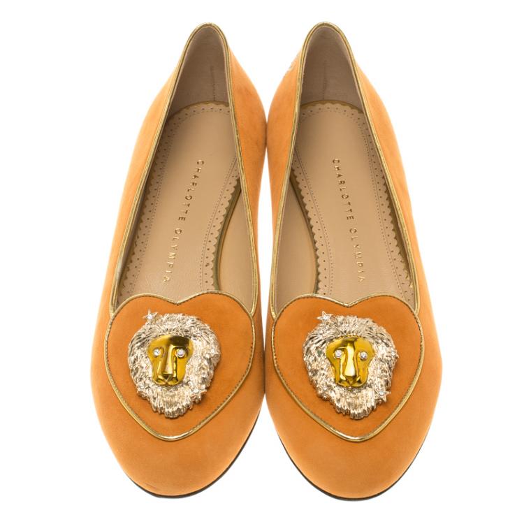 Pre Owned Charlotte Olympia Orange Suede Leo Smoking Slippers Size 39