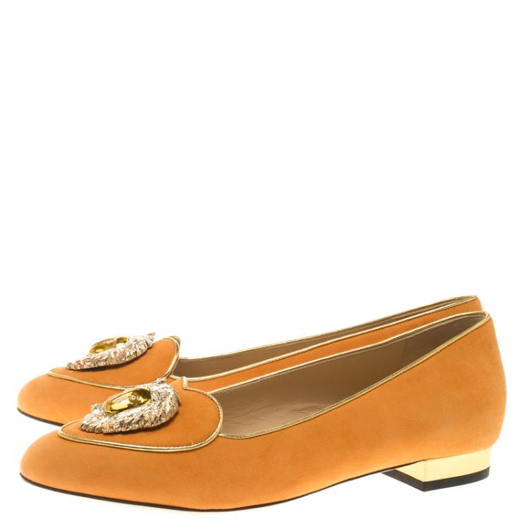 Pre Owned Charlotte Olympia Orange Suede Leo Smoking Slippers Size 39
