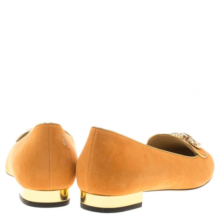Pre Owned Charlotte Olympia Orange Suede Leo Smoking Slippers Size 39