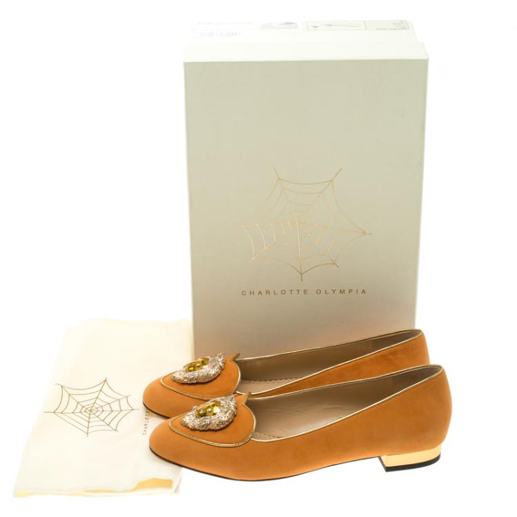 Pre Owned Charlotte Olympia Orange Suede Leo Smoking Slippers Size 39
