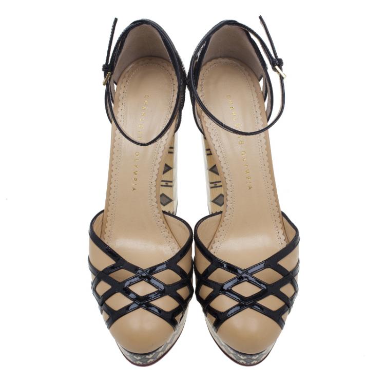 Pre Owned Charlotte Olympia Beige and Black Ay Caramba! Ankle Strap Sandals Size 40