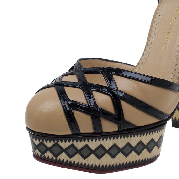 Pre Owned Charlotte Olympia Beige and Black Ay Caramba! Ankle Strap Sandals Size 40