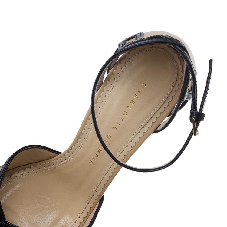 Pre Owned Charlotte Olympia Beige and Black Ay Caramba! Ankle Strap Sandals Size 40