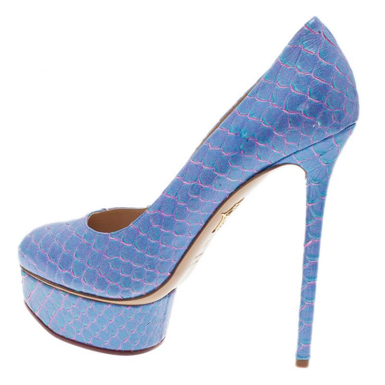 Pre Owned Charlotte Olympia Blue Priscilla Python Platform Pumps Size 39