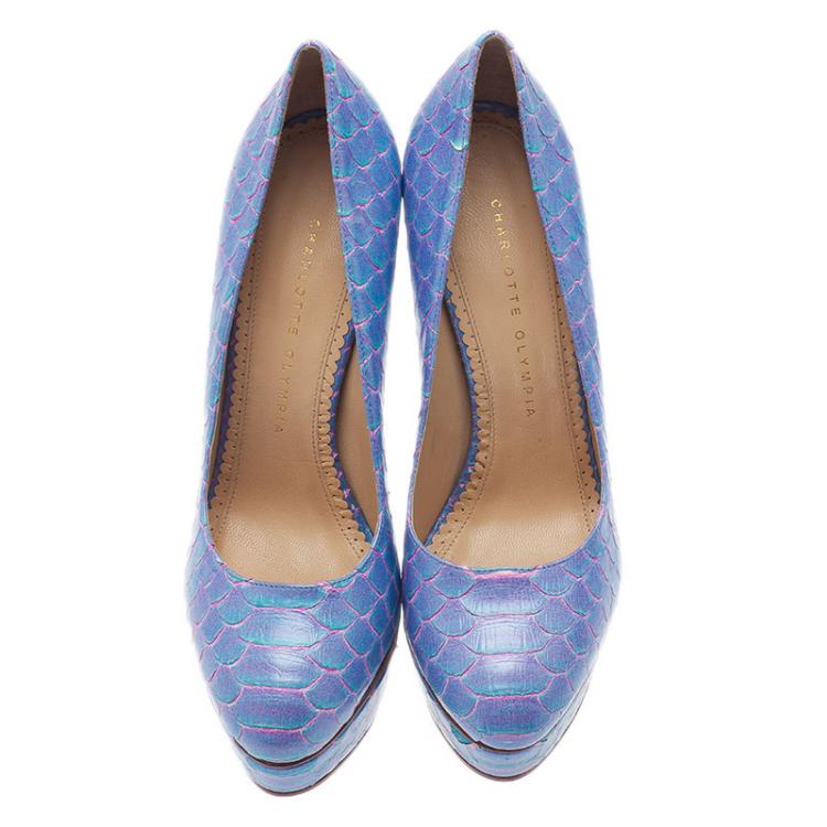 Pre Owned Charlotte Olympia Blue Priscilla Python Platform Pumps Size 39