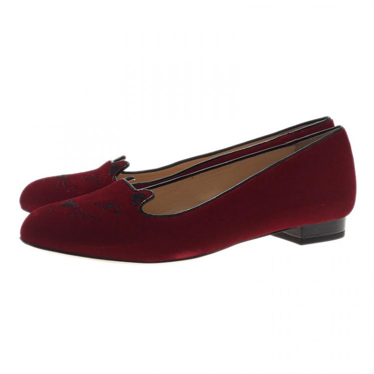 Pre Owned Charlotte Olympia Red Kitty Embroidered Velvet Smoking Slippers Size 39
