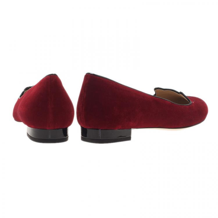 Pre Owned Charlotte Olympia Red Kitty Embroidered Velvet Smoking Slippers Size 39
