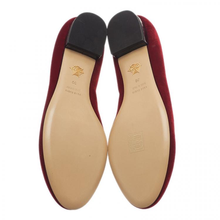 Pre Owned Charlotte Olympia Red Kitty Embroidered Velvet Smoking Slippers Size 39