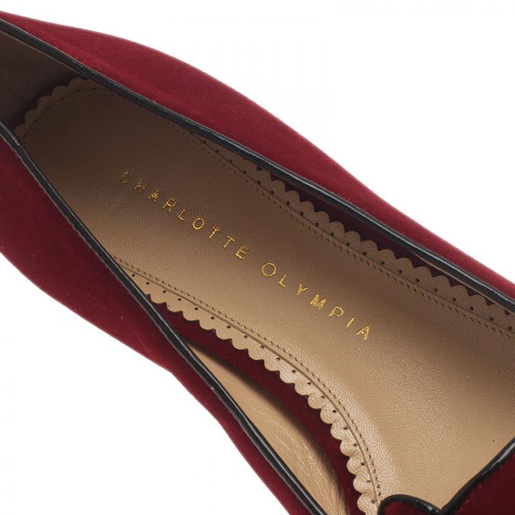 Pre Owned Charlotte Olympia Red Kitty Embroidered Velvet Smoking Slippers Size 39