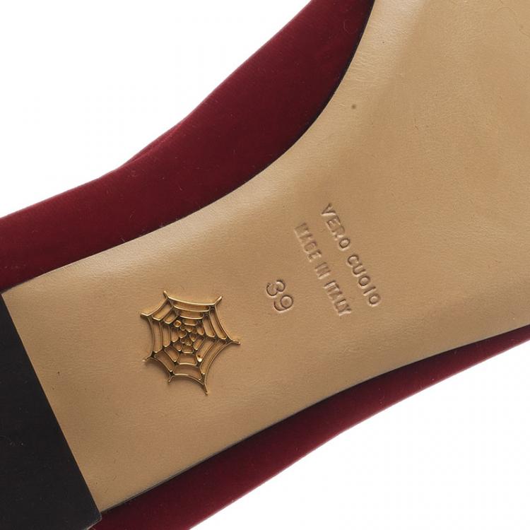 Pre Owned Charlotte Olympia Red Kitty Embroidered Velvet Smoking Slippers Size 39