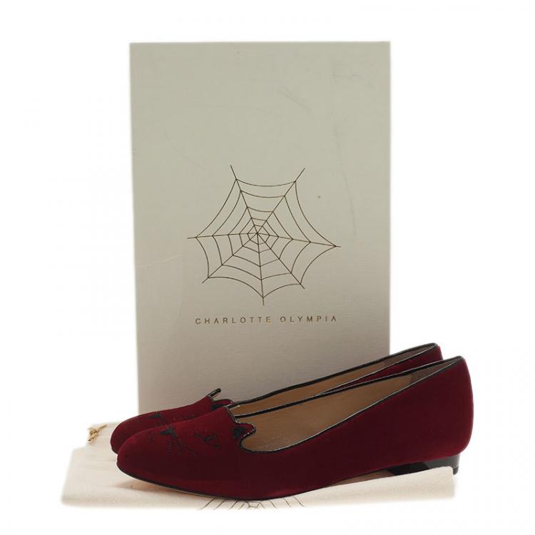 Pre Owned Charlotte Olympia Red Kitty Embroidered Velvet Smoking Slippers Size 39