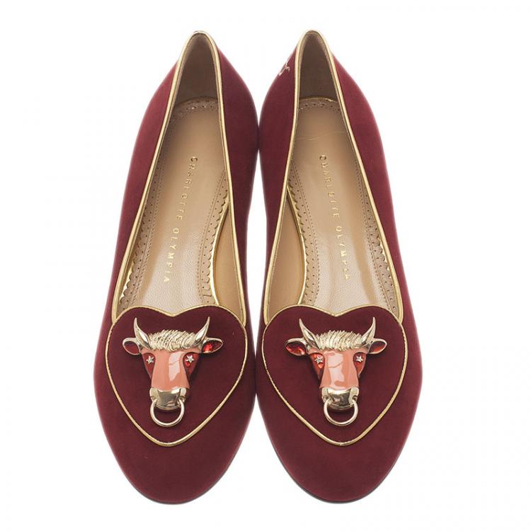 Pre Owned Charlotte Olympia Red Suede Taurus Smoking Slippers Size 39