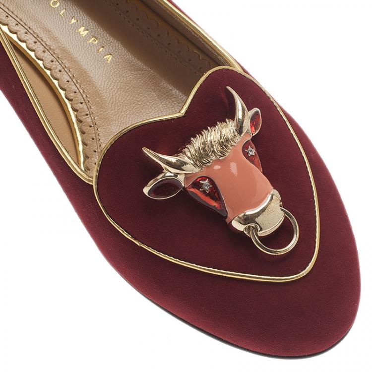 Pre Owned Charlotte Olympia Red Suede Taurus Smoking Slippers Size 39
