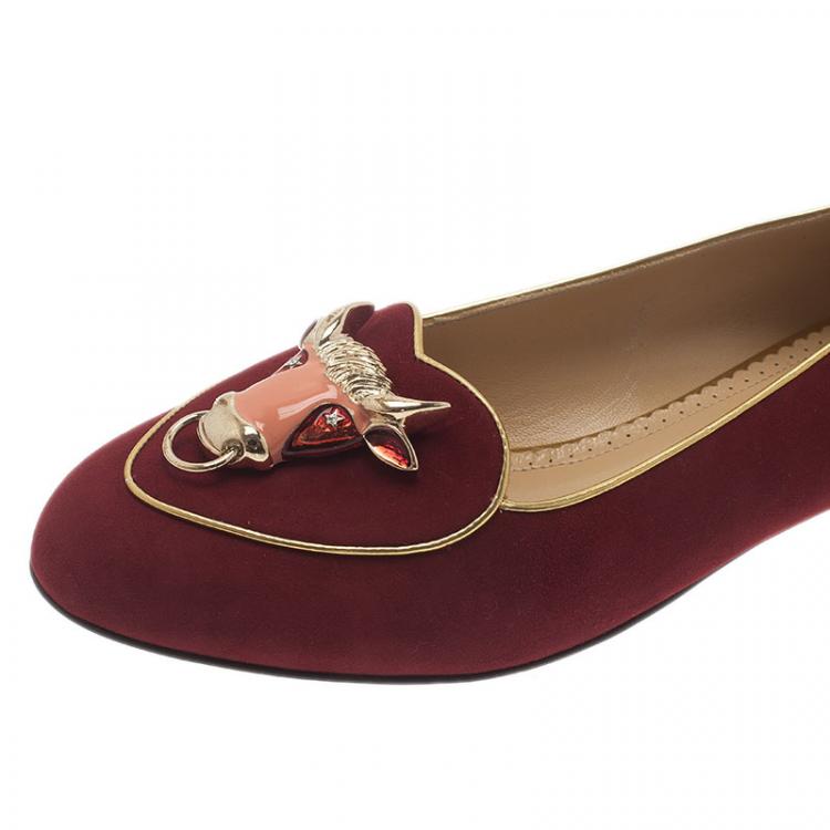 Pre Owned Charlotte Olympia Red Suede Taurus Smoking Slippers Size 39