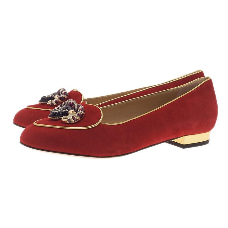 Pre Owned Charlotte Olympia Red Suede Aries Smoking Slippers Size 36.5