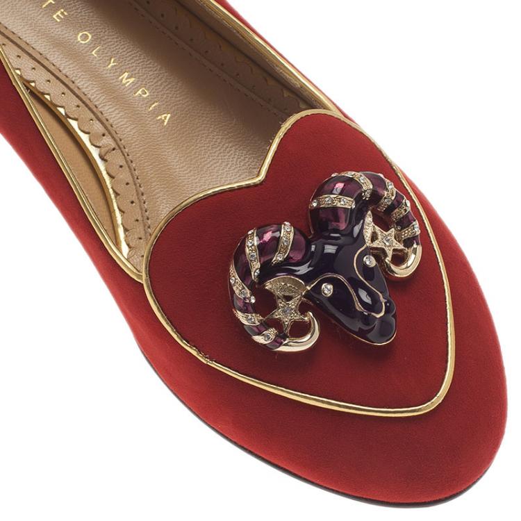 Pre Owned Charlotte Olympia Red Suede Aries Smoking Slippers Size 36.5