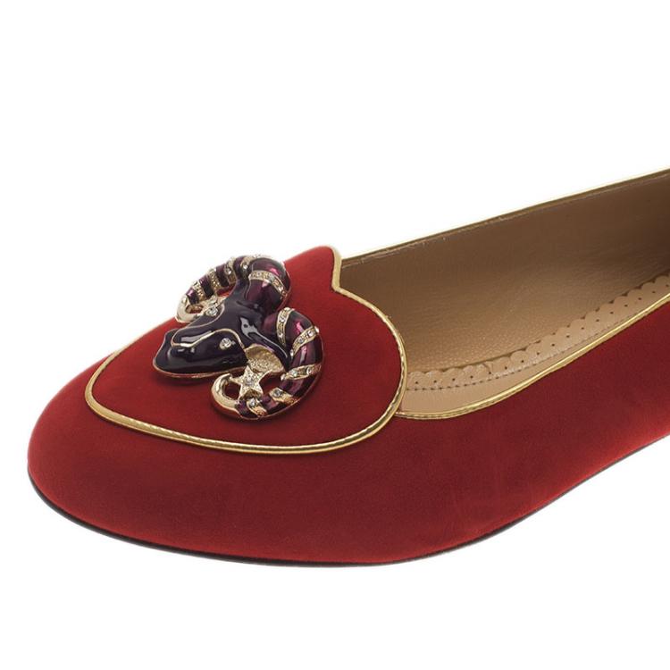 Pre Owned Charlotte Olympia Red Suede Aries Smoking Slippers Size 36.5