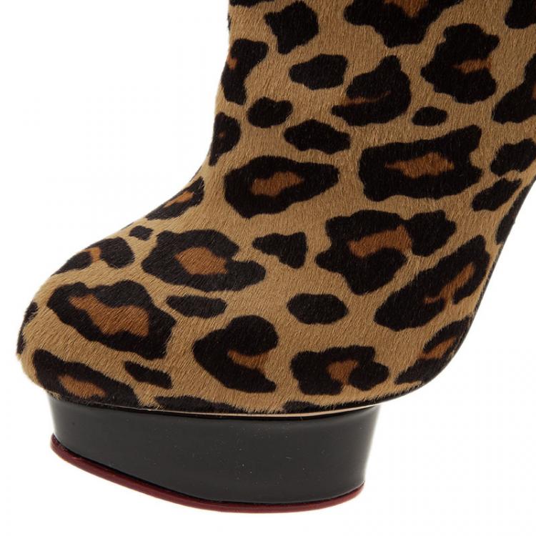 Pre Owned Charlotte Olympia Leopard Pony Hair Lucinda Platform Ankle Boots Size 38