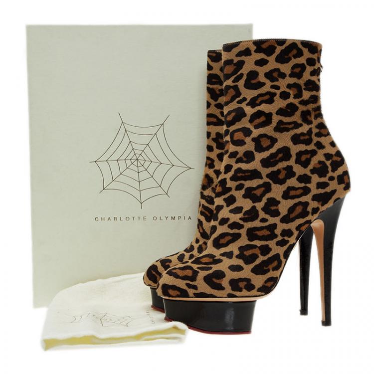 Pre Owned Charlotte Olympia Leopard Pony Hair Lucinda Platform Ankle Boots Size 38