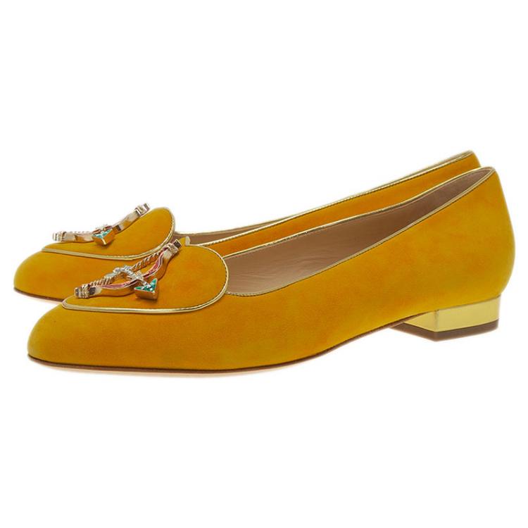 Pre Owned Charlotte Olympia Mustard Yellow Suede Sagittarius Smoking Slippers Size 39
