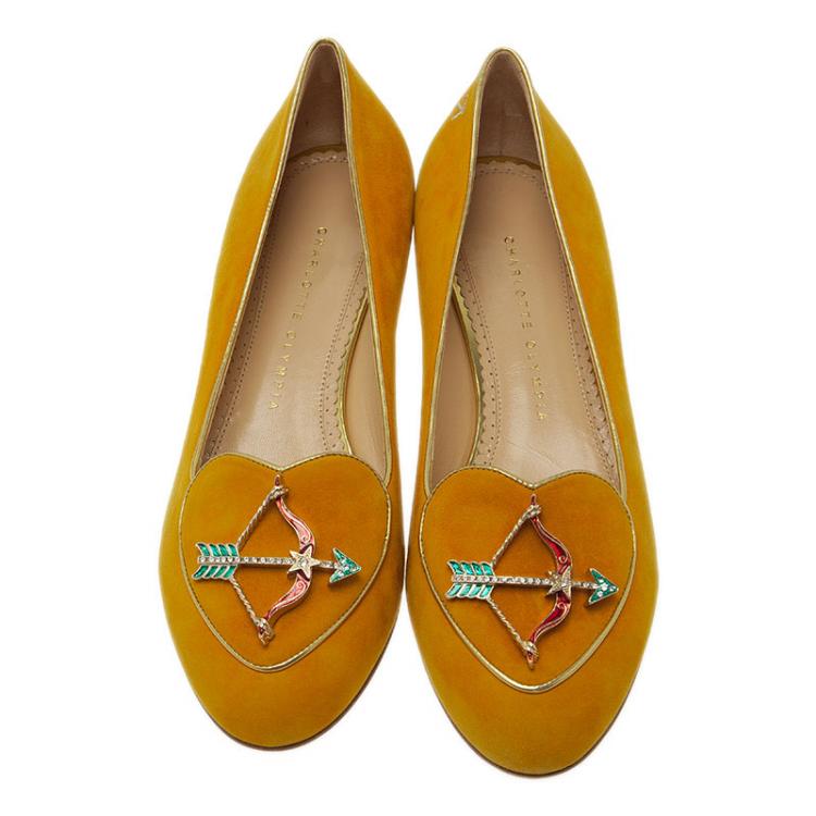 Pre Owned Charlotte Olympia Mustard Yellow Suede Sagittarius Smoking Slippers Size 39