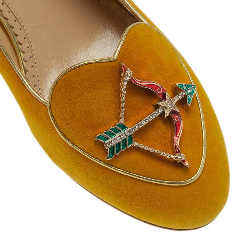 Pre Owned Charlotte Olympia Mustard Yellow Suede Sagittarius Smoking Slippers Size 39