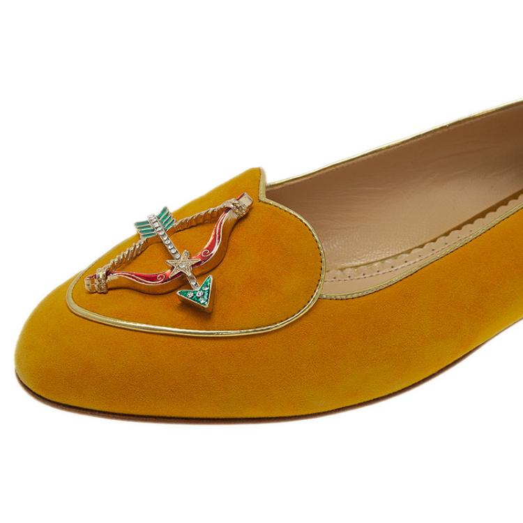 Pre Owned Charlotte Olympia Mustard Yellow Suede Sagittarius Smoking Slippers Size 39
