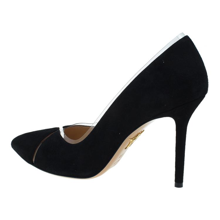 Pre Owned Charlotte Olympia Black Leather PVC Trimmed Natalie Pumps Size 37.5 