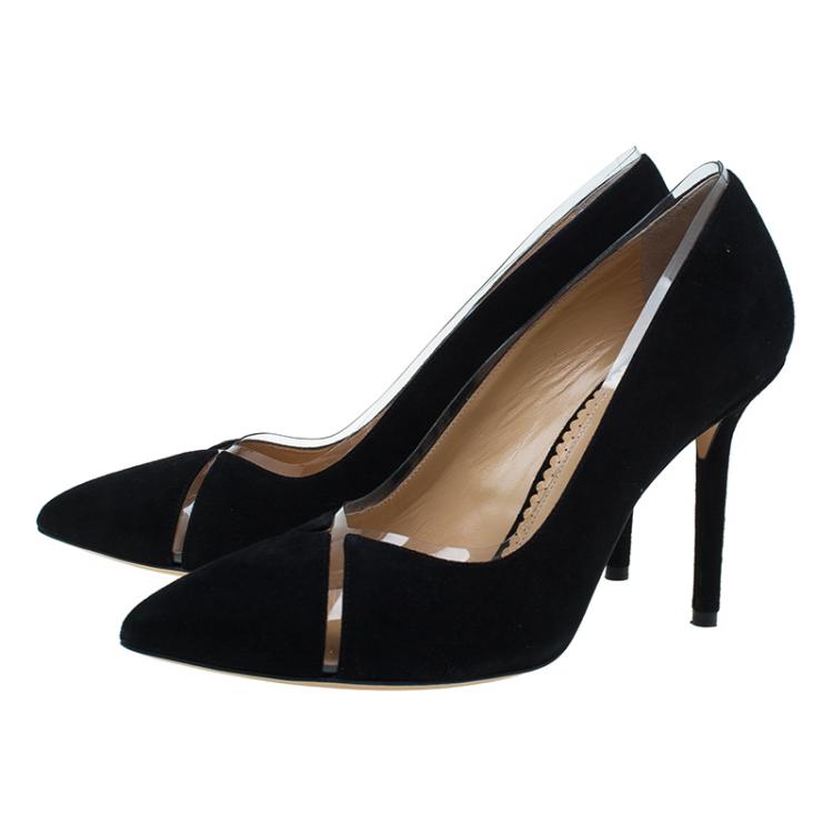 Pre Owned Charlotte Olympia Black Leather PVC Trimmed Natalie Pumps Size 37.5 