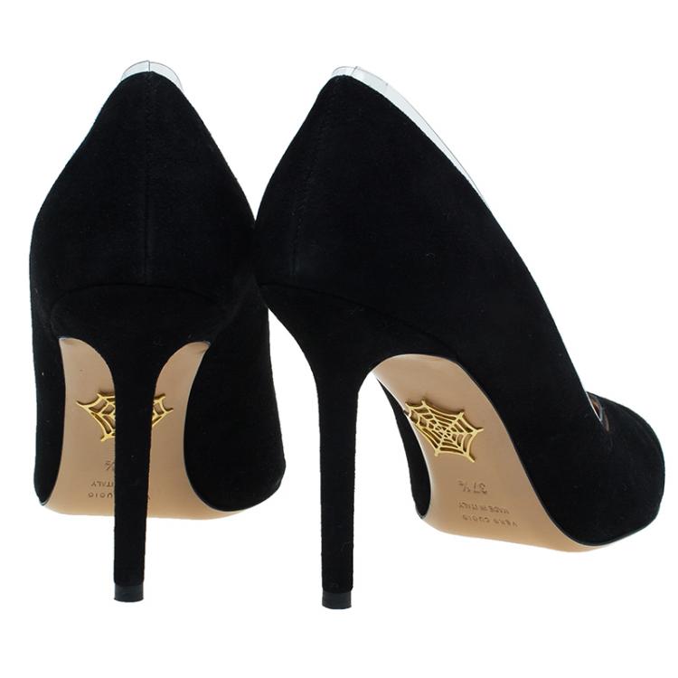 Pre Owned Charlotte Olympia Black Leather PVC Trimmed Natalie Pumps Size 37.5 