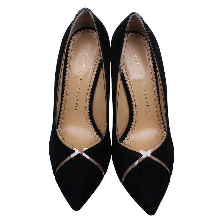 Pre Owned Charlotte Olympia Black Leather PVC Trimmed Natalie Pumps Size 37.5 