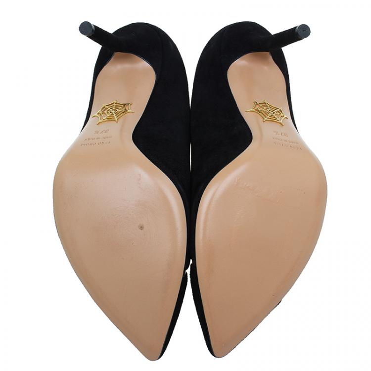 Pre Owned Charlotte Olympia Black Leather PVC Trimmed Natalie Pumps Size 37.5 