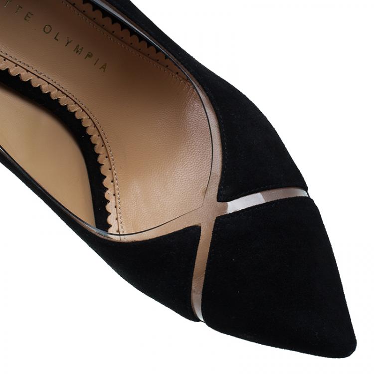 Pre Owned Charlotte Olympia Black Leather PVC Trimmed Natalie Pumps Size 37.5 