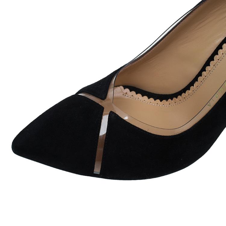 Pre Owned Charlotte Olympia Black Leather PVC Trimmed Natalie Pumps Size 37.5 