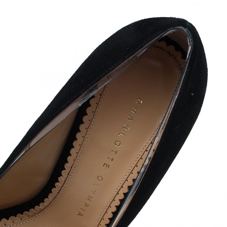 Pre Owned Charlotte Olympia Black Leather PVC Trimmed Natalie Pumps Size 37.5 