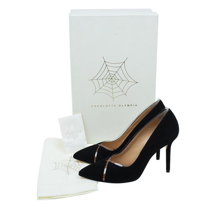 Pre Owned Charlotte Olympia Black Leather PVC Trimmed Natalie Pumps Size 37.5 