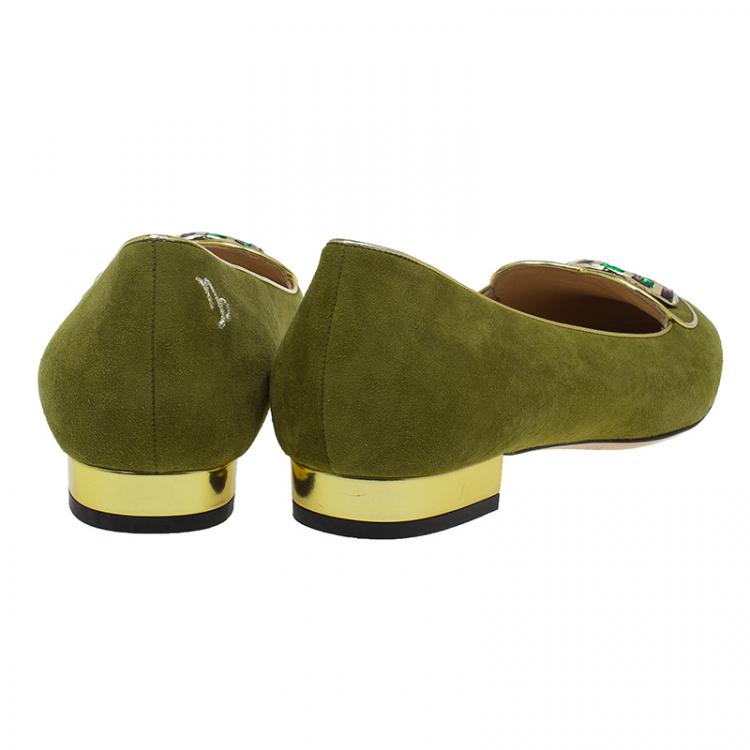 Pre Owned Charlotte Olympia Green Suede Capricorn Smoking Slippers Size 41