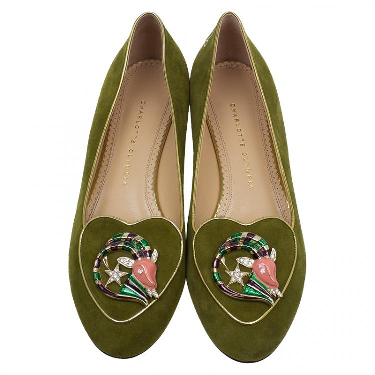 Pre Owned Charlotte Olympia Green Suede Capricorn Smoking Slippers Size 41