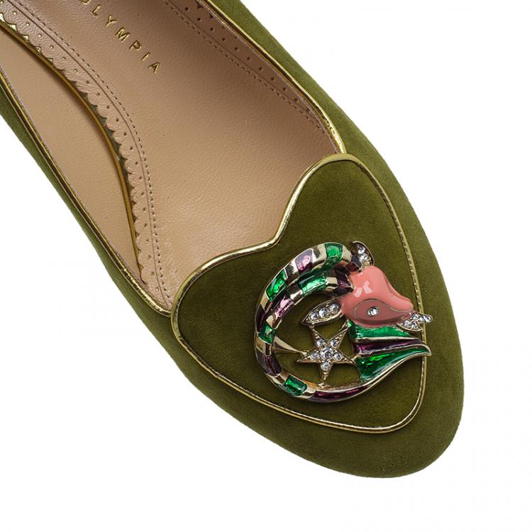 Pre Owned Charlotte Olympia Green Suede Capricorn Smoking Slippers Size 41