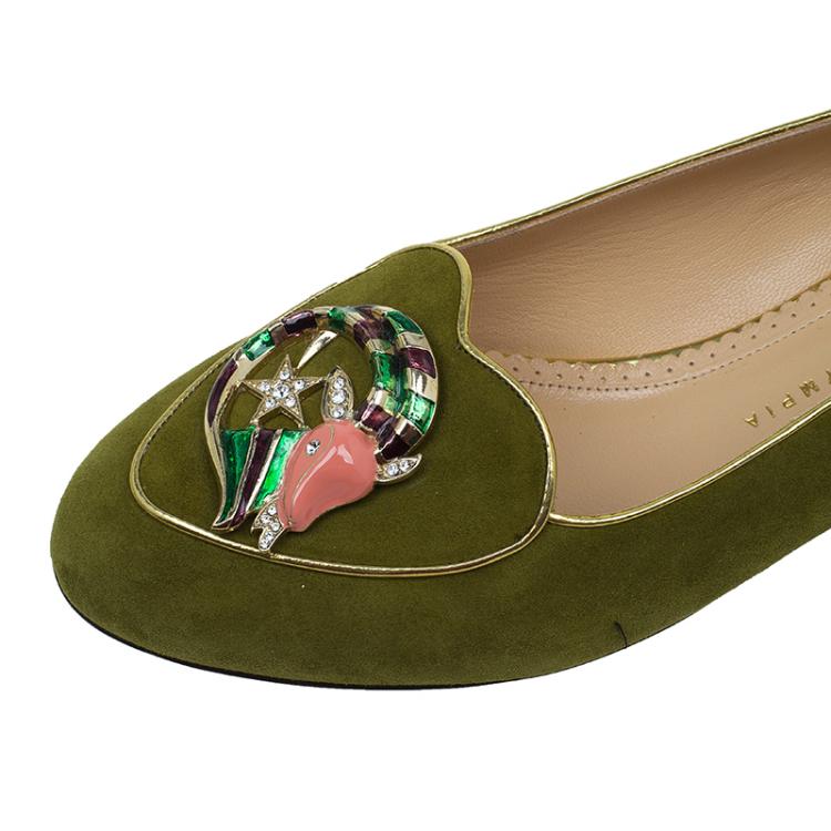 Pre Owned Charlotte Olympia Green Suede Capricorn Smoking Slippers Size 41