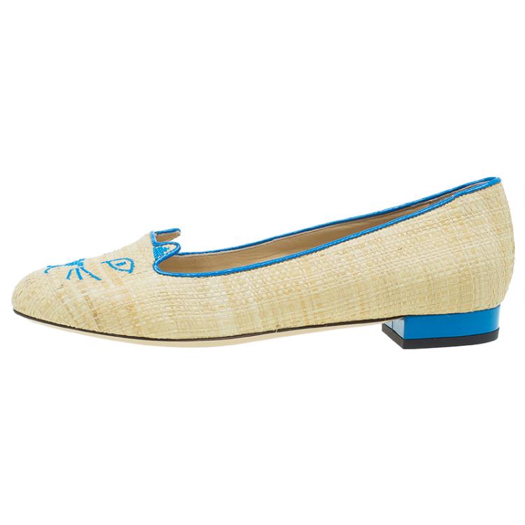 Pre Owned Charlotte Olympia Beige and Blue Raffia Kitty Flats Size 39