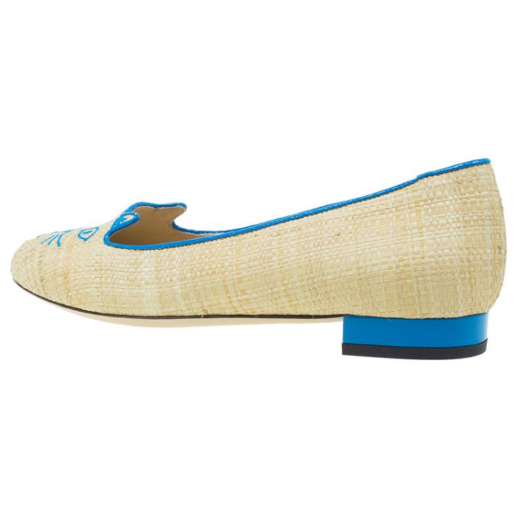 Pre Owned Charlotte Olympia Beige and Blue Raffia Kitty Flats Size 39