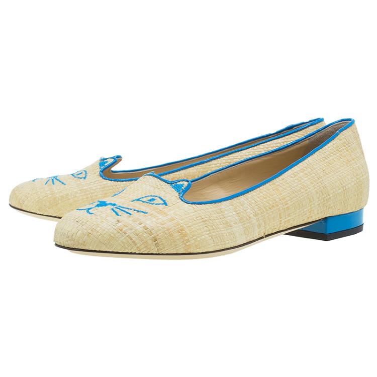 Pre Owned Charlotte Olympia Beige and Blue Raffia Kitty Flats Size 39