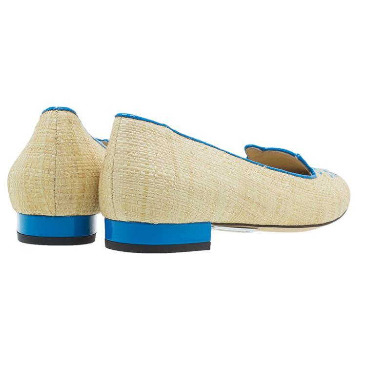 Pre Owned Charlotte Olympia Beige and Blue Raffia Kitty Flats Size 39
