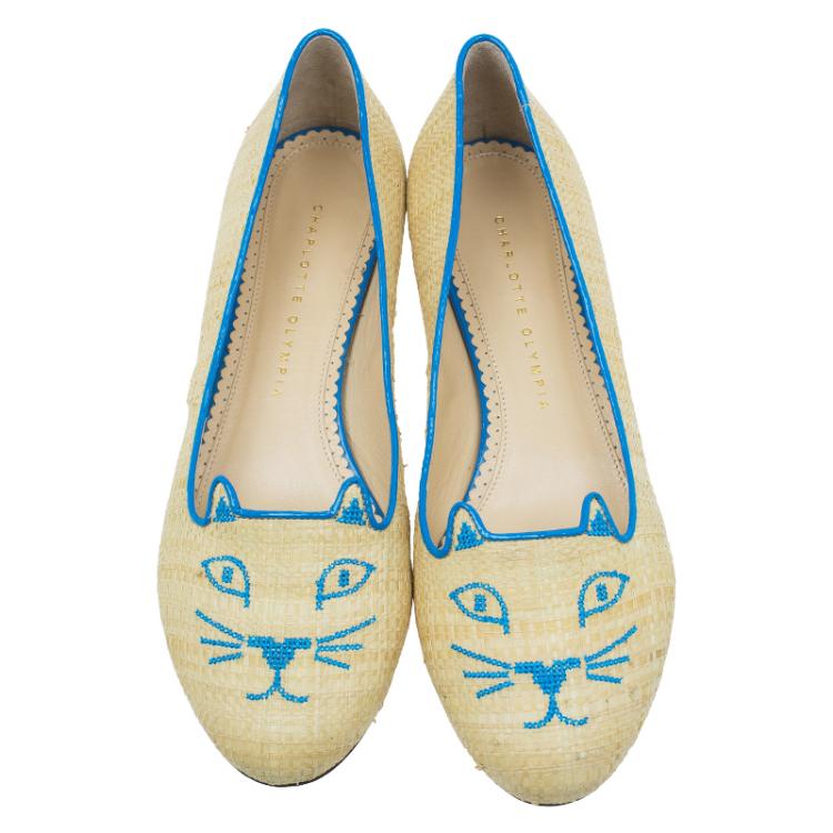 Pre Owned Charlotte Olympia Beige and Blue Raffia Kitty Flats Size 39
