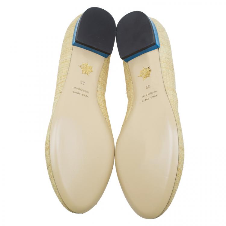 Pre Owned Charlotte Olympia Beige and Blue Raffia Kitty Flats Size 39