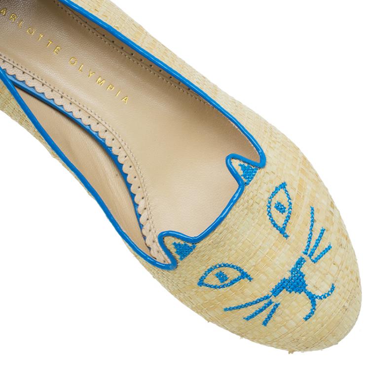 Pre Owned Charlotte Olympia Beige and Blue Raffia Kitty Flats Size 39